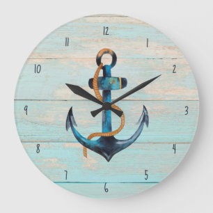 Rustic Beach Wood Nautical Anchor Coastal Große Wanduhr