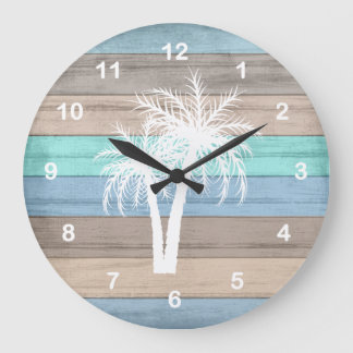 Rustic Beach Wood Nautical and White Palm Trees Große Wanduhr