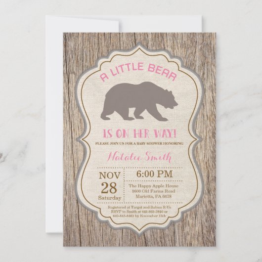 Rustic Bear Baby Dusche Einladung Mädchen (Vorderseite)