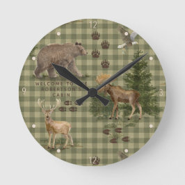Rustic Bear Forest Deer Moose Eagle Watercolor Runde Wanduhr