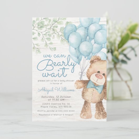 Rustic Bearly Wait Blue Bären Boy Baby Dusche Einladung (Stehend Vorderseite)