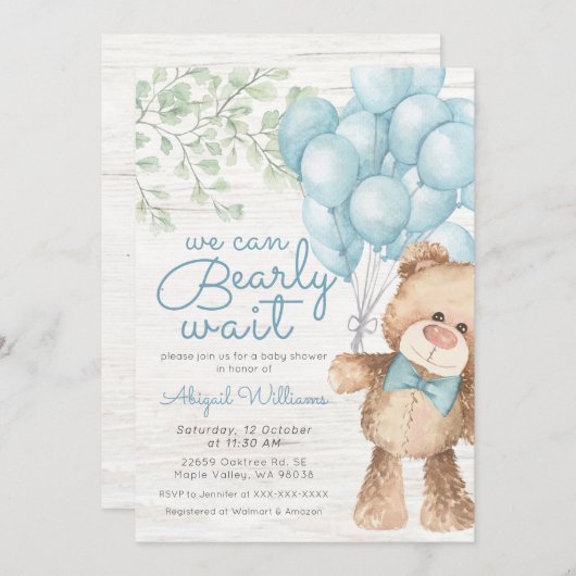 Rustic Bearly Wait Blue Bären Boy Baby Dusche Einladung (Vorne/Hinten)