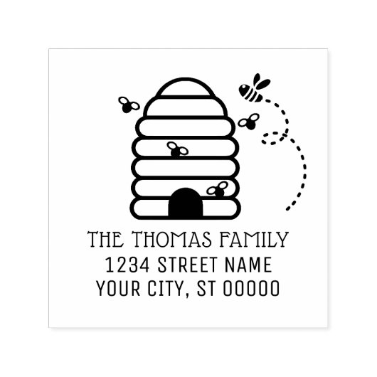 Rustic Beehive and Flying Bees Name Address Permastempel (Design)