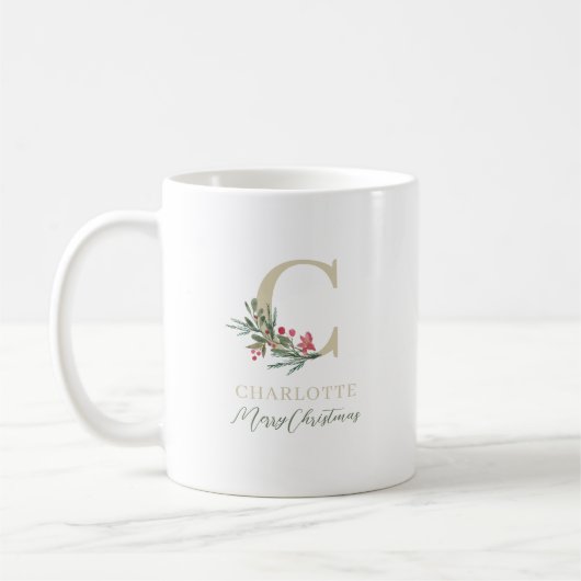 Rustic Berry Branch Initial und Name Weihnachten Kaffeetasse (Links)