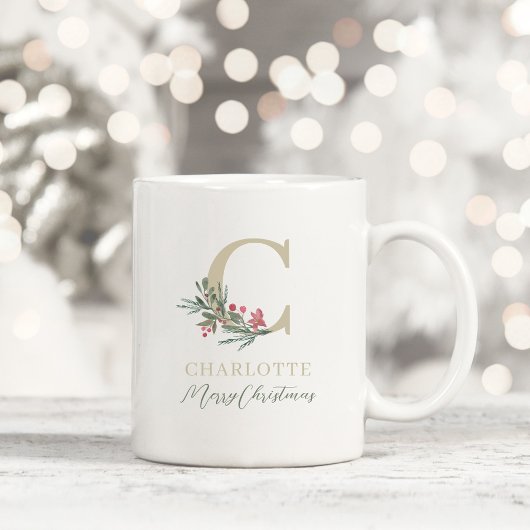 Rustic Berry Branch Initial und Name Weihnachten Kaffeetasse