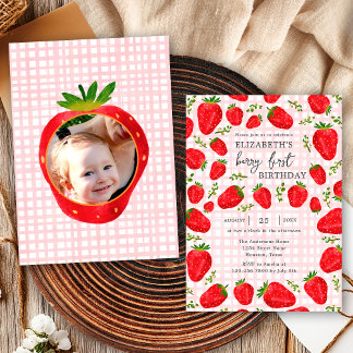 Rustic Berry First Strawberry 1. Geburtstag Foto Einladung