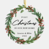 Rustic Berry Wreath Erster Weihnachten im neuen Zu Keramik Ornament (Vorne)