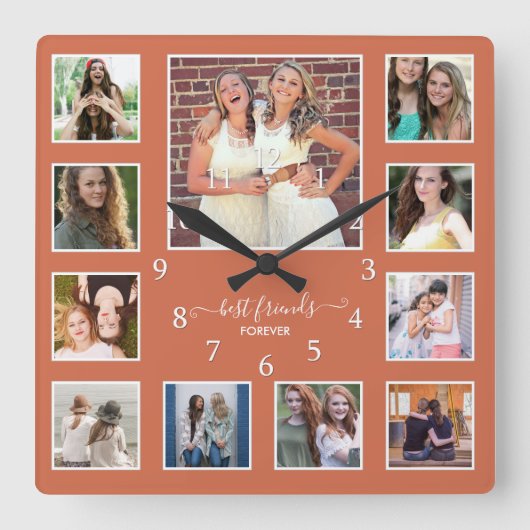 Rustic Best Friends 11 Foto Collage Quadratische Wanduhr (Vorderseite)
