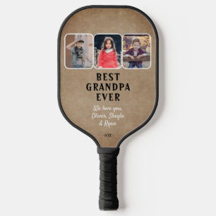 Rustic Best Grandpa Ever Grandkids 3 Photo Collage Pickleball Schläger