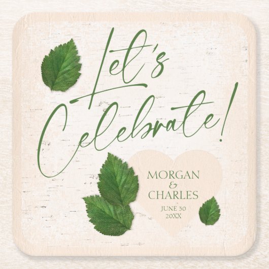 Rustic Birch Bark Carved Heart with Leaves Rechteckiger Pappuntersetzer (Vorderseite)