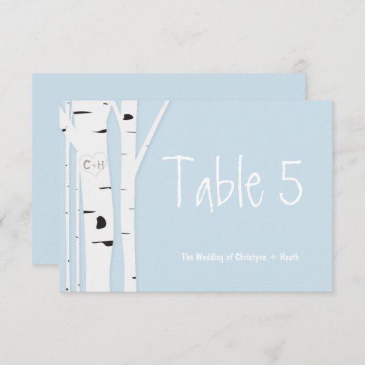 Rustic Birch Tree Blue Wedding Tischnummer Card (Vorne/Hinten)