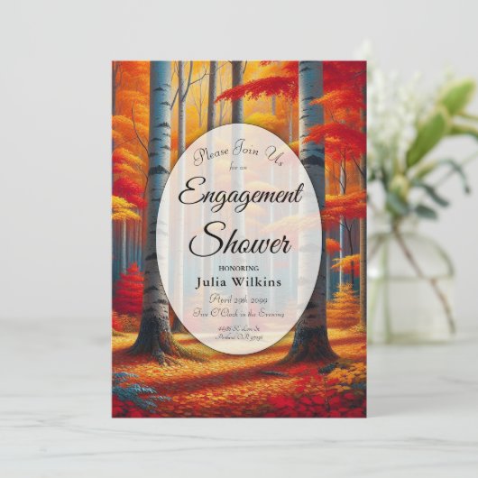 Rustic Birch Tree Fall Forest Engagement Shower Einladung (Stehend Vorderseite)
