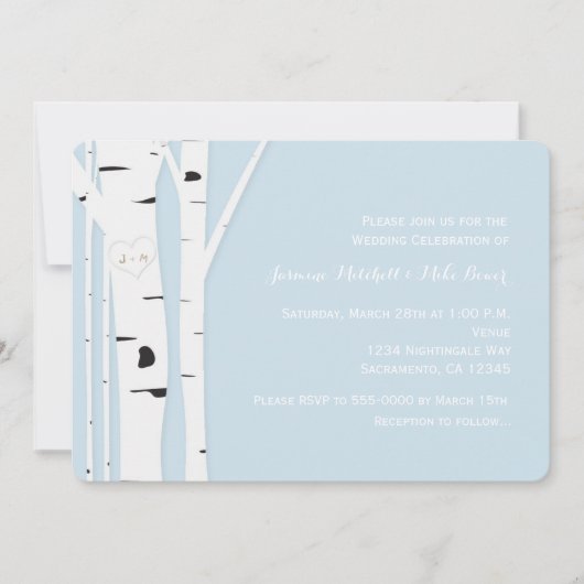 Rustic Birch Tree Herz Blue Wedding Einladung (Vorderseite)