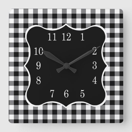 Rustic Black And White Gingham Country Quadratische Wanduhr (Vorderseite)
