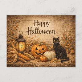 Rustic Black Cat Corn Halloween Feiertagspostkarte
