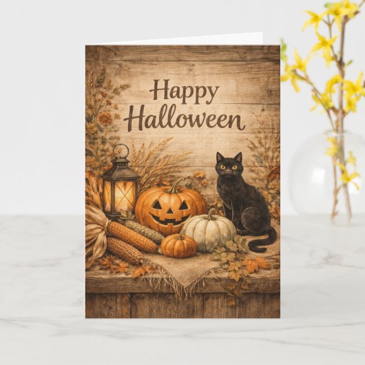 Rustic Black Cat Corn Halloween Karte (Gelbe Blume)
