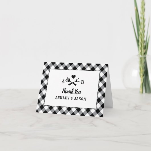 Rustic Black Gingham Pläd BBQ Wedding Monogram Dankeskarte (Vorderseite)