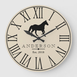 Rustic Black Horse Silhouette & Family Name Große Wanduhr