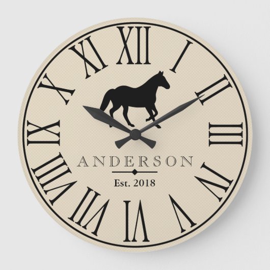 Rustic Black Horse Silhouette & Family Name Große Wanduhr (Vorderseite)