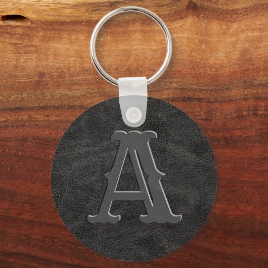 Rustic Black Leather Texture Monogram Initial Schlüsselanhänger (Rückseite)