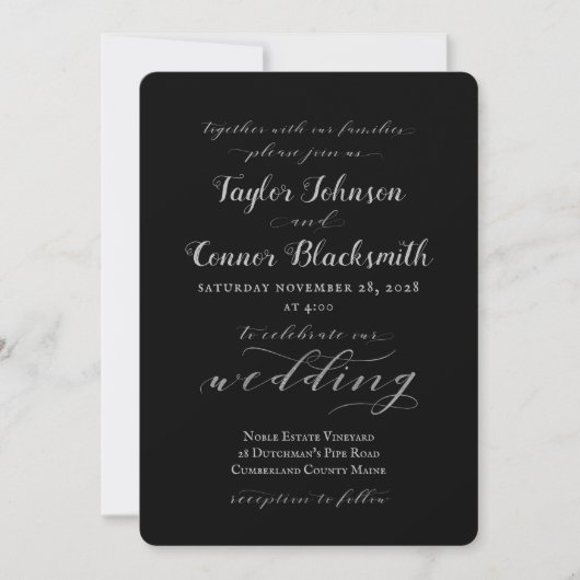 Rustic Black Silversmith Calligraphy Wedding Einladung (Vorderseite)