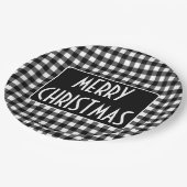 Rustic Black & White Buffalo Plaid Merry Christmas Pappteller (Schrägansicht)