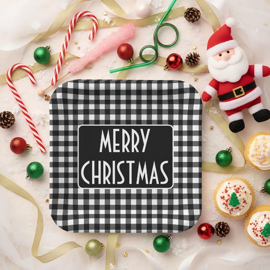 Rustic Black & White Buffalo Plaid Merry Christmas Pappteller