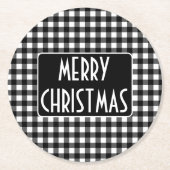 Rustic Black & White Buffalo Plaid Merry Christmas Runder Pappuntersetzer (Vorderseite)
