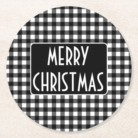 Rustic Black & White Buffalo Plaid Merry Christmas Runder Pappuntersetzer (Vorderseite)