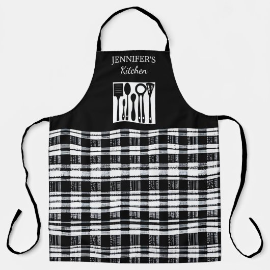 Rustic black white plaid monogram name kitchen schürze (Vorderseite)