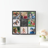 Rustic Black Wood 8 Photo Collage Family Quote  Quadratische Wanduhr (Zuhause)