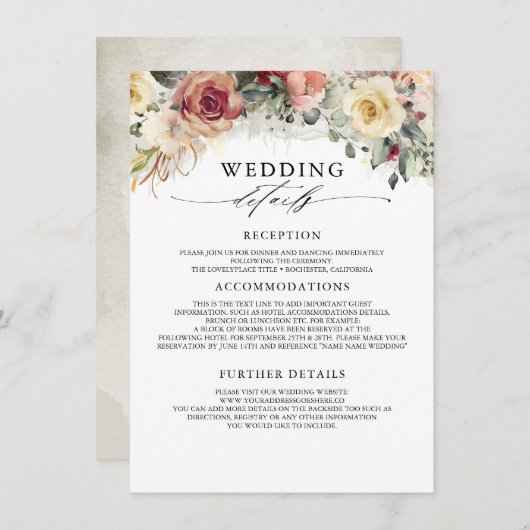 Rustic Bloom Hochzeit im Herbst Information Guest Begleitkarte (Vorne/Hinten)