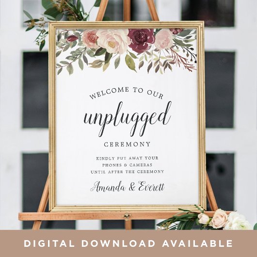 Rustic Bloom Unplugged Zeremony Wedding Sign Poster