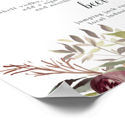 Rustic Bloom Wedding Bar Menu Sign Poster (Ecke)