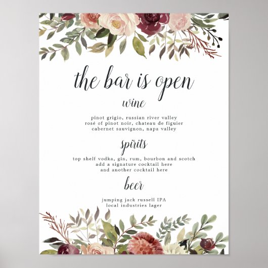 Rustic Bloom Wedding Bar Menu Sign Poster (Vorne)