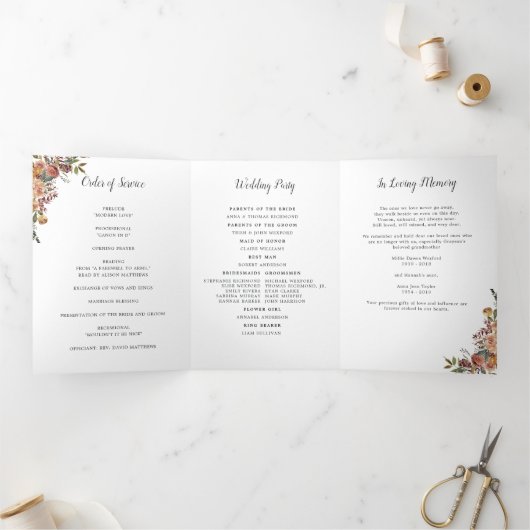 Rustic Bloom Wedding Zeremonie Dreifach-gefaltete Programmkarte (Innenseite)