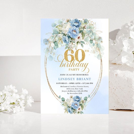 Rustic Blue and Gold 60th Birthday Invitation Einladung