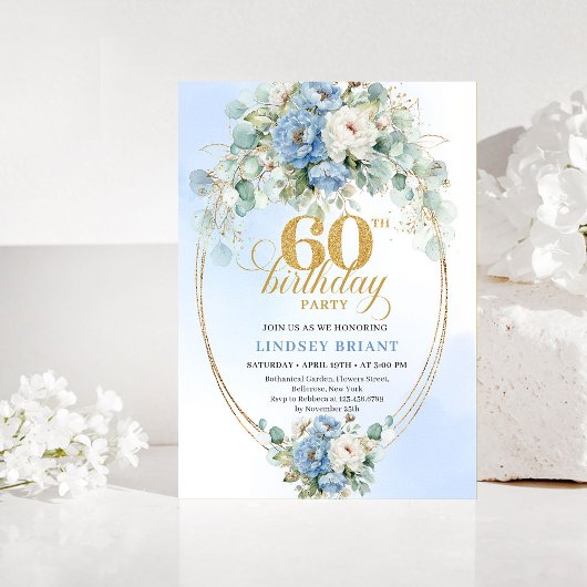 Rustic Blue and Gold 60th Birthday Invitation Einladung