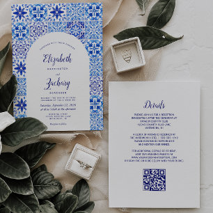Rustic Blue Arch Portugiesischer Tile QR Code Hoch Einladung