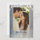 Rustic Blue Baby's Atem Foto Save the Date Karte (Vorderseite)