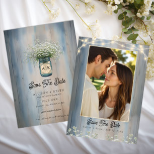 Rustic Blue Baby's Atem Foto Save the Date Karte