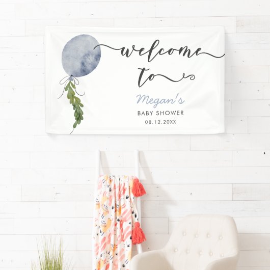 Rustic Blue Balloon Baby Dusche Willkommen Banner (Insitu)