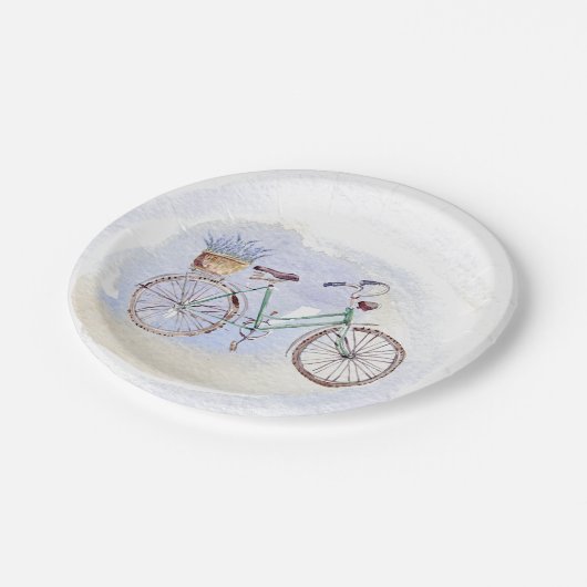 Rustic Blue Bicycle Lavender Floral Pappteller (Schrägansicht)