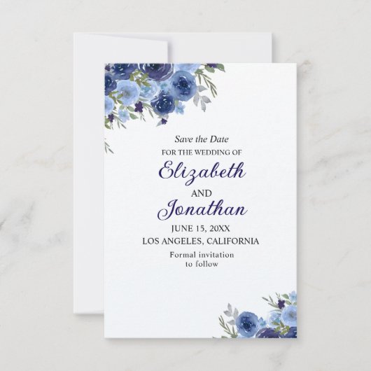 Rustic Blue Blooms – Boho Wedding Save The Date (Vorderseite)