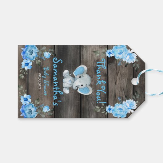 Rustic Blue Boy Elephant Giveaway Baby Dusche Geschenkanhänger (Vorderseite (Horizontal))