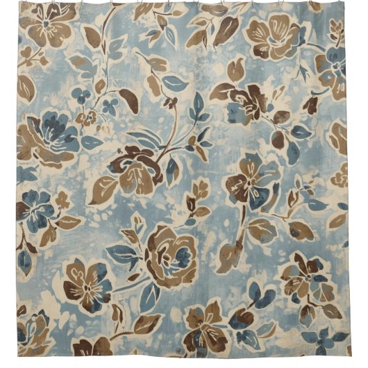 Rustic Blue Brown Tan Floral Duschvorhang (Vorderseite)