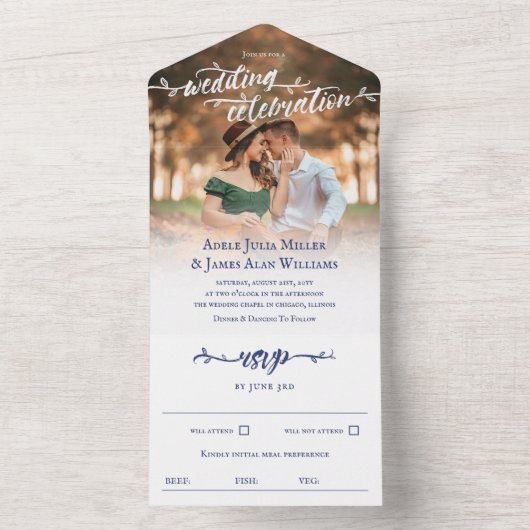 Rustic Blue Brush Script Foto Hochzeit All In One Einladung (Innen Boden)