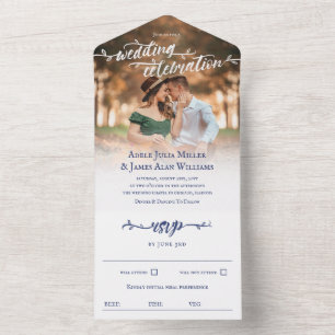 Rustic Blue Brush Script Foto Hochzeit All In One Einladung