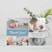 Rustic Blue Custom Foto Collage Baby Boy Birth Dankeskarte (Stehend Vorderseite)