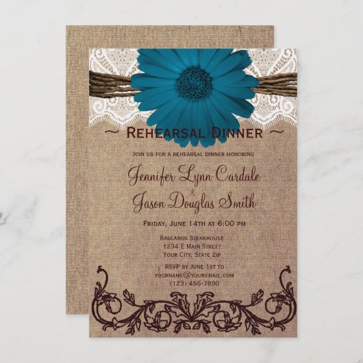 Rustic Blue Daisy Probe Dinner Einladungen (Vorne/Hinten)